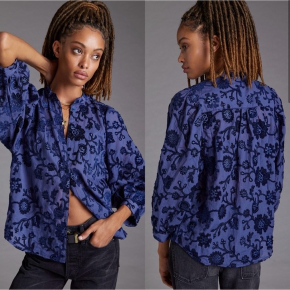 Pilcro Tops - Anthropologie / Pilcro Appliqued Velvet
Floral Blouse in Blue